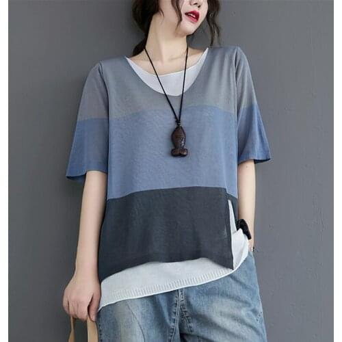 Plus Size Hit Color Stripe Fake Two Pieces T shirt Women Summer Loose Casual V-neck Ice Silk Thin Tshirt playeras mujer 3XL Z322