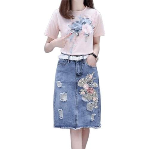 Summer Set Bead Embroidery 3D Flower Short Sleeve Cotton T-Shirt 12Jeans Skirt 2PCS Female Tee Tops Denim Skirt Suit Outfits 712