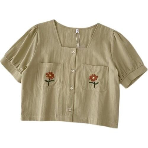 Summer new style Korean pocket embroidered retro square collar shirt