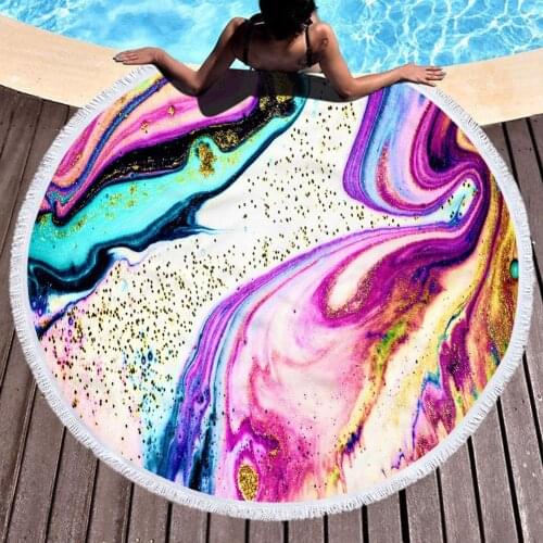 Microfiber Marble Abstract Pattern Beach Towel Round Large Watercolor Yoga Towel With Tassel Beach Mat Blanket Cover