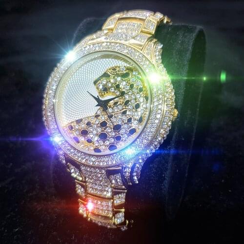 MISSFOX Fashion Wristwatch Men Top Brand Leopard Watches Men Round Stainless Steel 18k Gold Diamond Waterproof Watches For Man