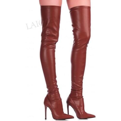 SEIIHEM FASHION Women Thigh High Boots Faux Leather Stretchy Pull On Pointed Toe Ladies Female Shoes Woman Big Size 40 41 44 47