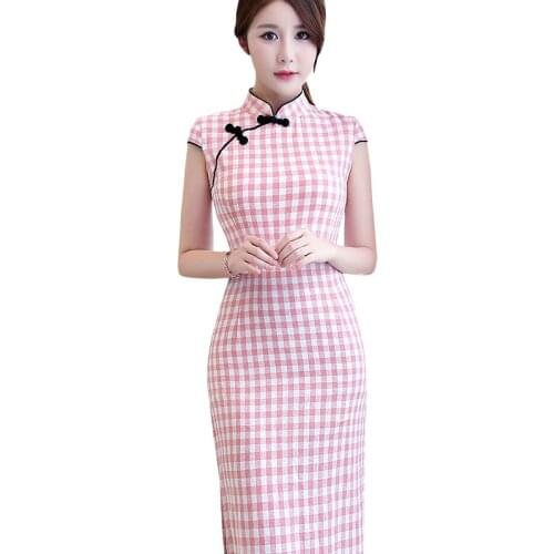 New Fashion Daily Dress Retro Short-Sleeved Plaid Qipao Improved Female Mid-Length Cotton Linen Catwalk Cheongsam Vestido Chino
