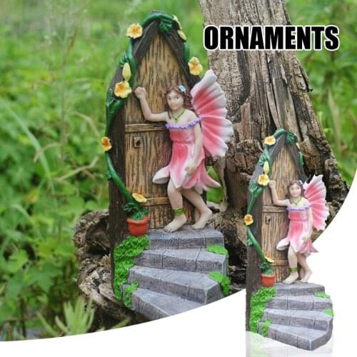 Fairy Garden Statue Small Elf Knocking on the Door Handmade Resin Art Ornament for Outdoor Shelf Indoor JW