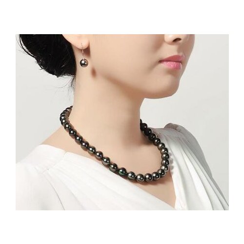 Stunning9-10mm tahitian black green round pearl necklace 18inch 925s KKK