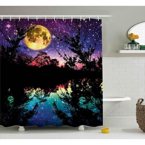 Fabric Shower Curtain Nature Artwork Decor Lake At Moon Light Stars Sky and Trees Water Reflection Contemporary Bath Curtain
