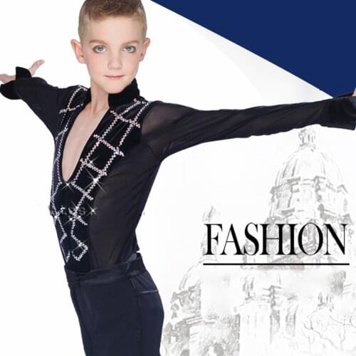 New Good Quality Latin Dance Tops Boys Costume Black Perspective Dancewear Rumba/Ballroom Competition Latin Dance Clothes VDB721