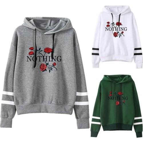 Womens Vintage Rose Print Letters Long Sleeve Hoodie Loose Sweatshirt Hooded Drawstring Tops Pullover Autumn Winter Warm Jumper