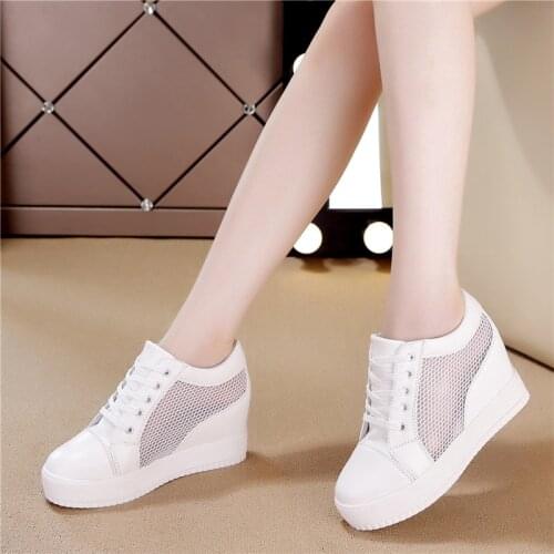 Women Wedge Platform Rubber Brogue Leather Lace Up High heel 7 cm Shoes Pointed Toe Increasing Creepers White Silver Sneakers