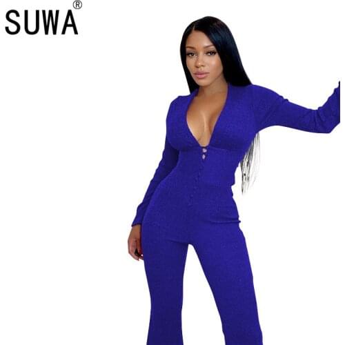 2021 New Arrival Slits Hollow Out Skinny Bandage Jumpsuit Overalls For Women Deep V Neck Long Sleeve Sexy Party Catsuits