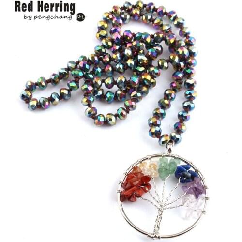 Free Shipping Fashion Long Crystal Glass Knotted Rainbow tree Pendant Necklaces For Women Ethnic Necklace