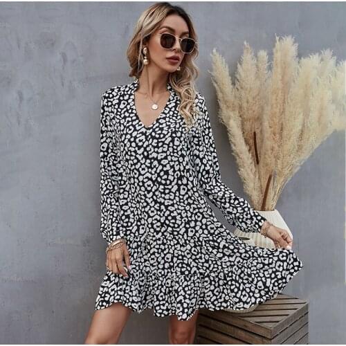 Summer Women Button Print V Neck Long Sleeve Dress Plus Size Streetwear Elegant A Line Beach Party Female Dresses