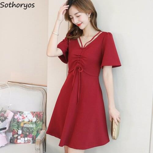 Dress Women V-neck Solid Simple All Match Elegant Womens Black Dresses Korean Style Summer New Trendy Harajuku Females Casual