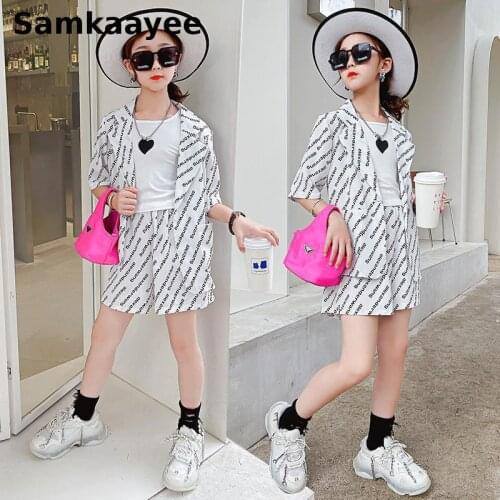 5-16y Kids Girls Blazer Summer Jacket + Vest + Shorts 3pcs Children Tuxedos Suit Letter Print Jackets Single Breasted Clothes 54