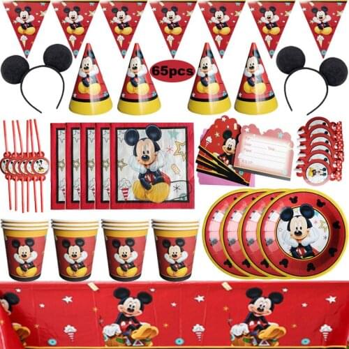 105pcs Disney Mickey Mouse Party Disposable Tableware Set Cake Paper Plate For Baby Boy Happy Birthday Decoration Party Supplies