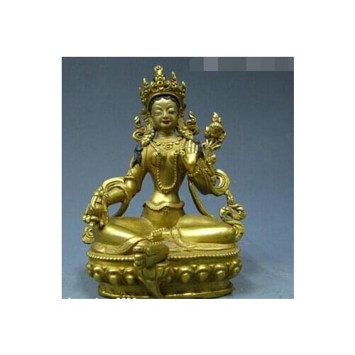 Free Shipping 002554 Tibetan Buddhism Pure Bronze 24K Gold Gild Green TaRa Kwan-Yin Buddha Statue