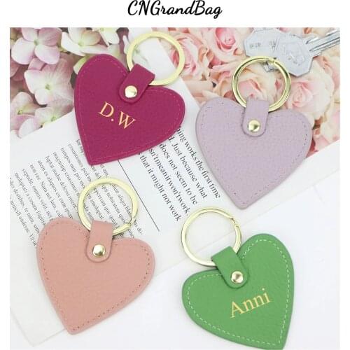 Free Customized Genuine Leather Heart Key Chain Pebble Leather Heart Shape Keychain Women Car Key Holder Home Key Ring