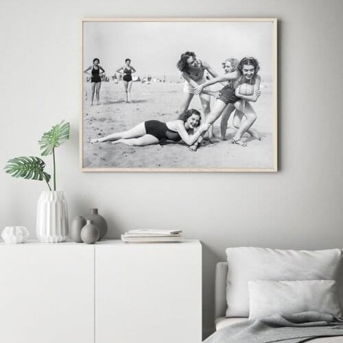 Black and White Wall Art Pictures Vintage Women Playing Beach Volleyball Poster Sports Girls Canvas Painting for Interior Room