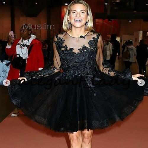 Long Sleeve Black Short Prom Dress 2021 Sheer Neck A Line Evening Dress Sexy Custom Made Petite Night Party Dress Occasion Wear