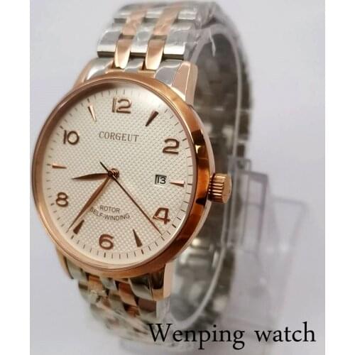 Corgeut mens 41mm automatic mechanical sapphire glass watch mens gold sports clock seagull movement