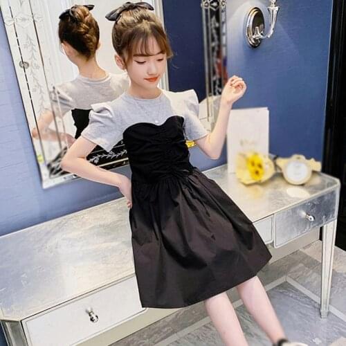 Summer Girls Dress 2021 Korean Children O-Neck Puff Sleeve Stitching Sweet Princess Dress 3-8Y Kids Chilren Cute Clothing