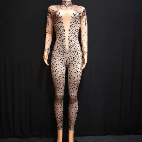 Sexy Black Rhinestone Jumpsuit Female Singer Dancer Stretch Spandex Bodysuit Jazz Dance Costume Outfit Party Performance Wear