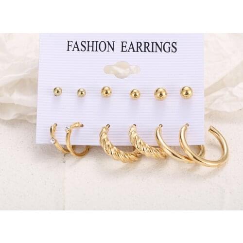 6PRS Women Earrings Set Exaggerated Gold Circle Earrings for Women Simple Hoop Earring Metal Ball Beads Earings Fashion Jewelry