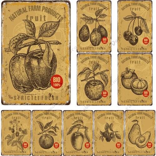 BIO Fruit Metal Plate Decorative Plate Organic Fruit Metal Signs Poster Industrial Decoration Rusty Bar Home Wall Decor Signs