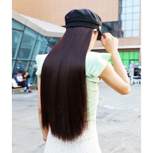 Fashion Black Navy cap hat with hair Wig Long straight brunette Hat Wig