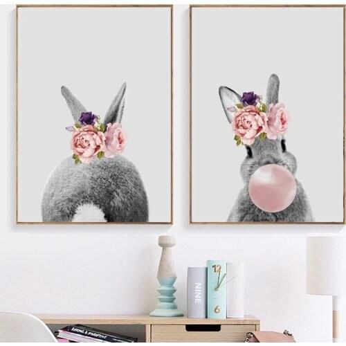 Cartoon Rabbit Balloon Flower Wall Art Canvas Painting Nordic Posters And Prints Animal Wall Pictures For Living Room Wall Decor