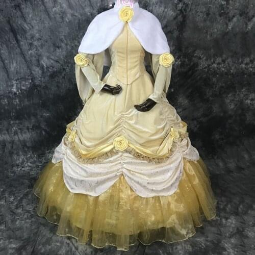 Belle Princess Dress Cosplay Costume Halloween Costumes Yellow Women Dress Ball Gown with Petticoat Lace Up Long Sleeve