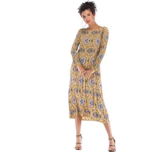 Popular European and American womens fashion print spring autumn dress womens Long Sleeve Chiffon Dress
