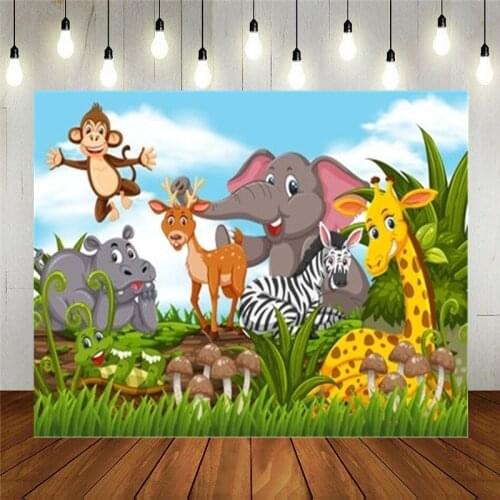 Photo Studio Props Photography Backdrop Happy Animals In Jungle Scene Cartoon Vinyl Background Kids Birthday Party Decoration