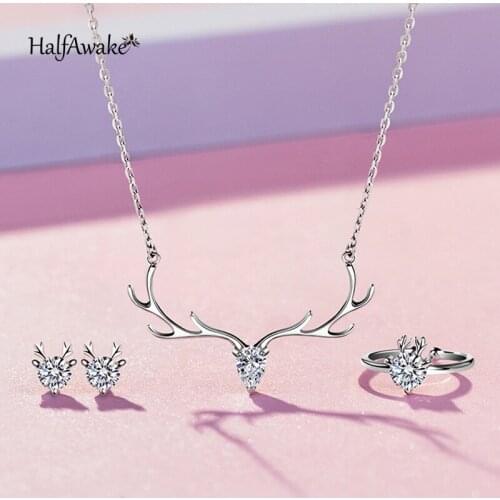 Antler Dainty Necklace Women 925 Sterling Silver Cubic Zirconia Ring Earring Charms Chain You All The Way Lover Gift Jewelry Set