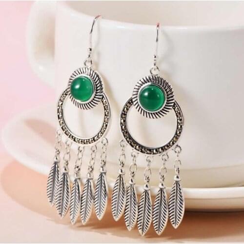 Pure S925 Sterling Silver Earrings Women Agate Feather Tassels Dangle Earrings