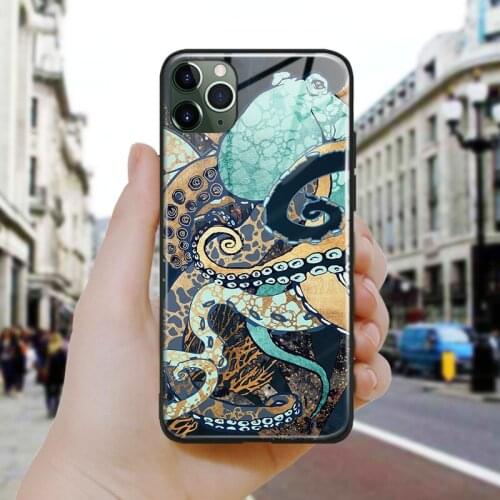 Nordic Abstract Octopus Art Soft Silicone Glass Phone Case Cover Shell For iPhone SE 6 6s 7 8 Plus X XR XS 11 12 Mini Pro Max