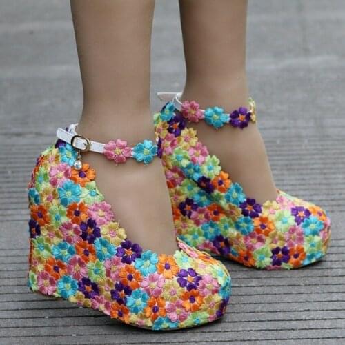 Womens Platform Flowers Rainbow Colors Wedge High Heel Wedding Bridal Pumps Shoes Ankle Belt Buckle Plus Size C458