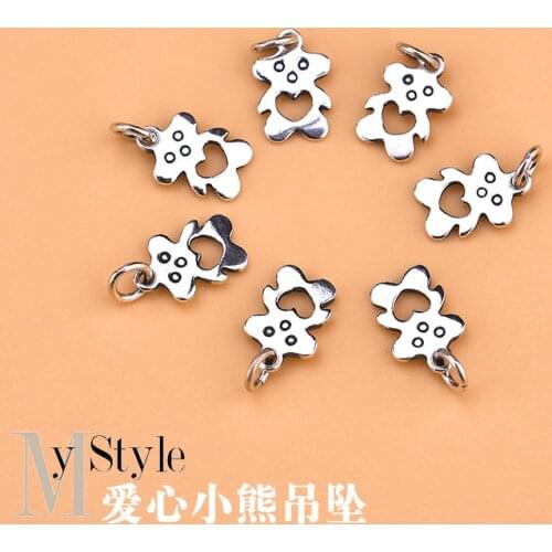 10PCS S925 Sterling Silver Vintage Mini love Bear Pendant hand woven jewelry DIY accessories material bag