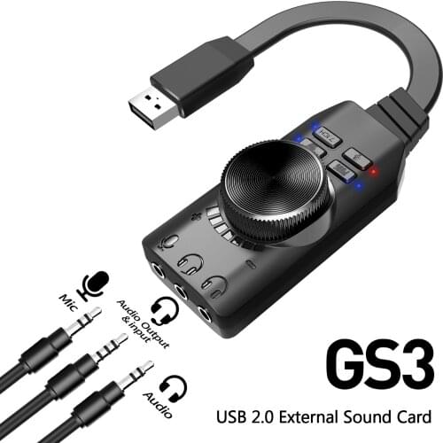 GS3 External USB Sound Card Virtual 7.1 Channel Sound Card Adapter Plug and Play with Headphone Microphone Jacks Volume Control