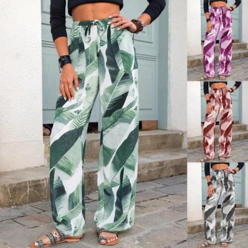 S-5XL Summer Retro Printed Wide-leg Pants Straight-leg Pants Casual Pants Womens Long High-waist Loose Fashion Trousers