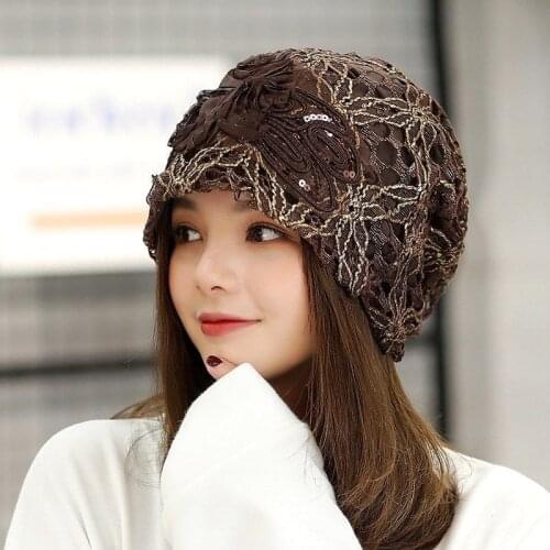 Women Lace Crochet Slouchy Baggy Hats Headwear Hot sell 2018 Fashion sequins Butterfly Flower Skullies Beanies Caps Summer Fall