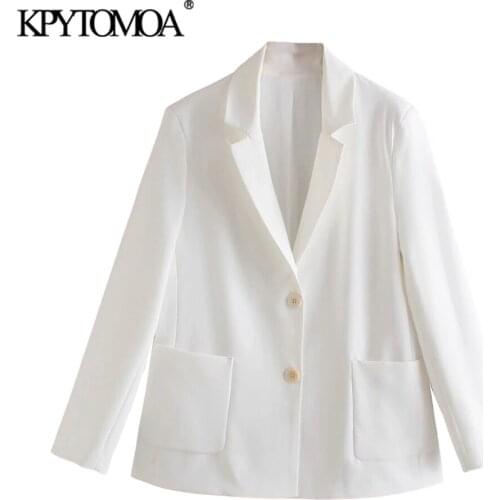 KPYTOMOA Women 2021 Fashion Office Wear Single Breasted Blazer Coat Vintage Long Sleeve Patch Pockets Female Outerwear Chic Tops
