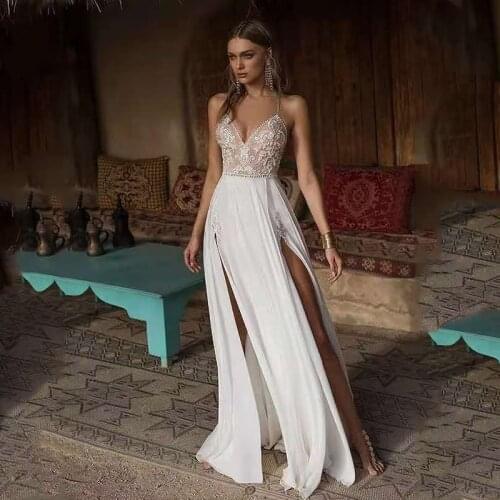 Eightree Sexy Backless Wedding Dresses 2021 Berta Split Side Lace Beads Criss Women Courte Beach Bride Dress Vestido de Noiva