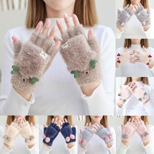 Winter Warm Rabbit Fur Knit Mittens Women Flip Half finger Driving Gloves Cute Elk Antlers Plush Thick Touch screen Gloves