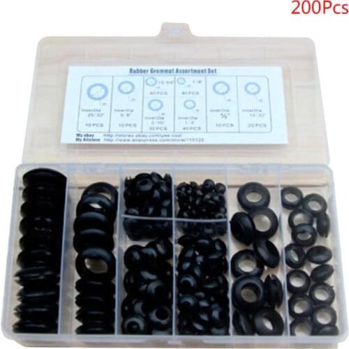 200Pcs/box Rubber Grommet Gasket Kits for Wire Cable Black Assortment Set Dropshipping