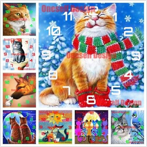 5d diamond embroidery sale clock diy diamond painting full square clock cat diamond art kit cat decoration home Christmas gift