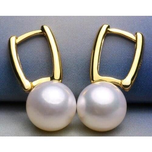 Free shipping charming round 10-11mm south sea white pearl earring 18k