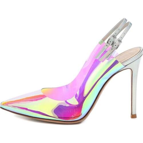 Dipsloot Sexy Woman Laser PVC Pointed Toe Slingback Pumps Double Buckles Stiletto Heels High High Banquet Pumps Shoes Big Size