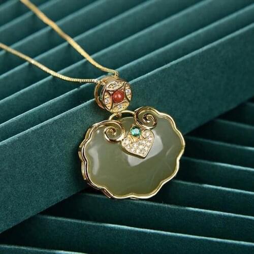 Natural Hetian Jade S925 Sterling Silver Ruyi Coin Jade Pendant Fashion Trendy Retro Graceful Personality Necklace for Women