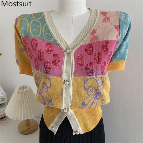 Korean Elegant Knitted Cardigan Sweater Women Summer Short Sleeve V-neck Single Breasted Knitwear Jumpers Tops Femme 2021